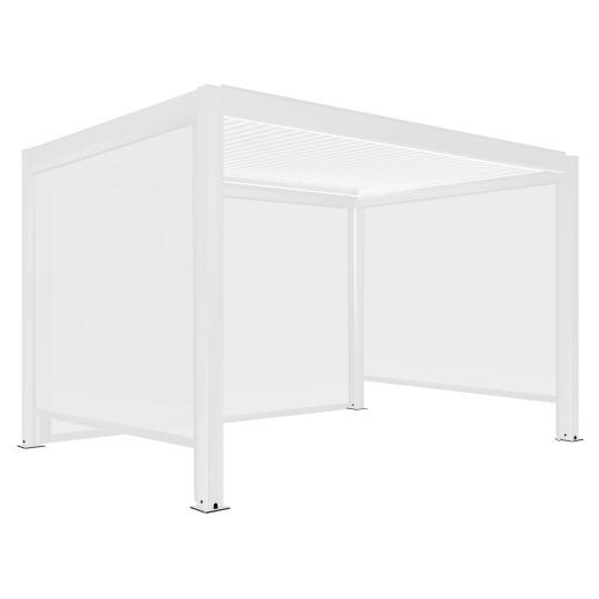 Pergola bioklimatisch Wand 4x3m motorisiert aus weißem Aluminium mit LED-Beleuchtung und Jalousien