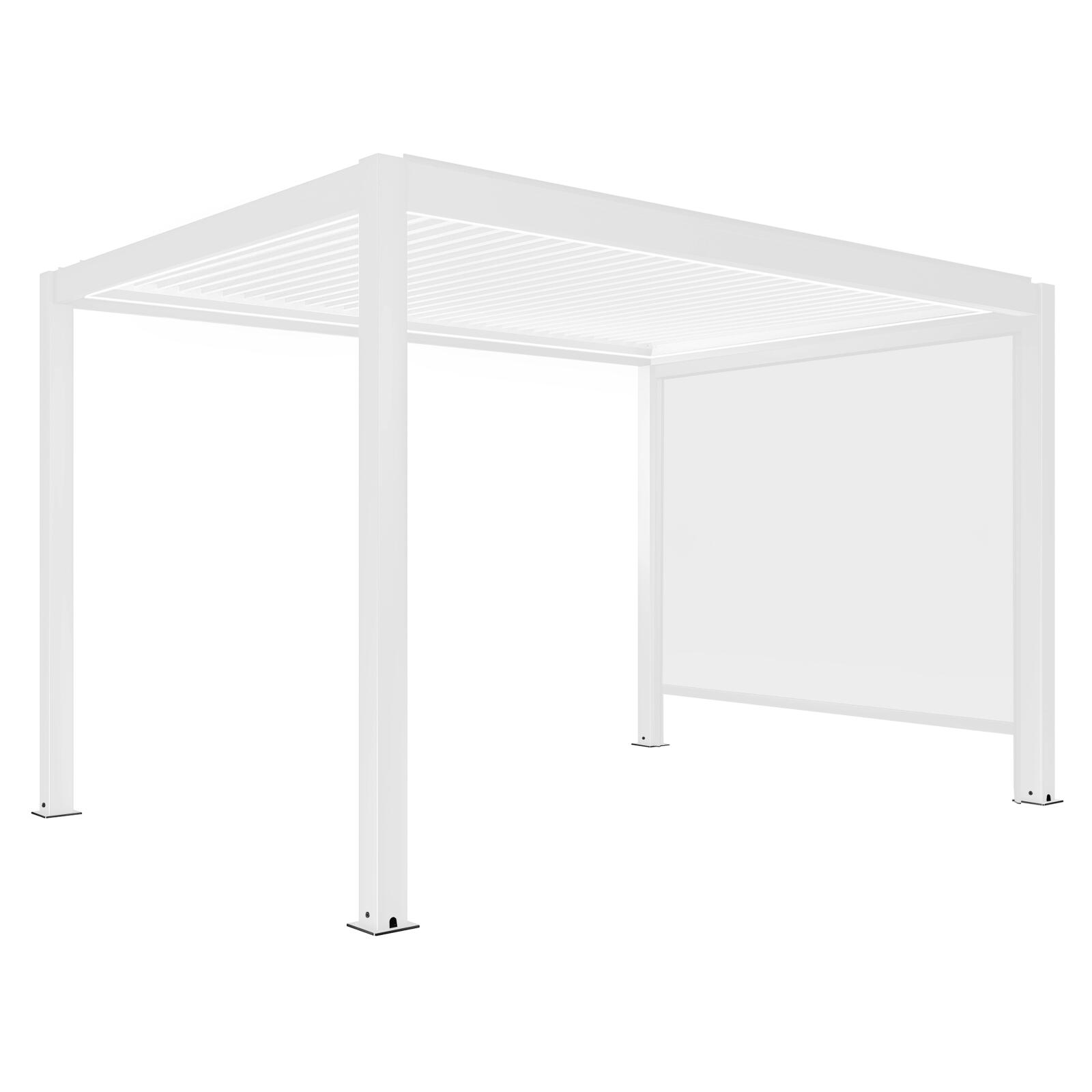 Pergola bioklimatisch Wand 4x3m motorisiert aus weißem Aluminium mit LED-Beleuchtung und Jalousien