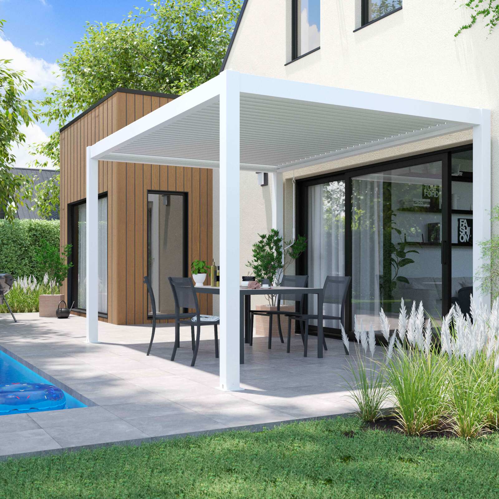 Pergola bioklimatisch freistehend 4x3m aus weißem Aluminium mit Jalousien Pergola bioklimatisch freistehend 4x3m aus weißem Aluminium mit Jalousien