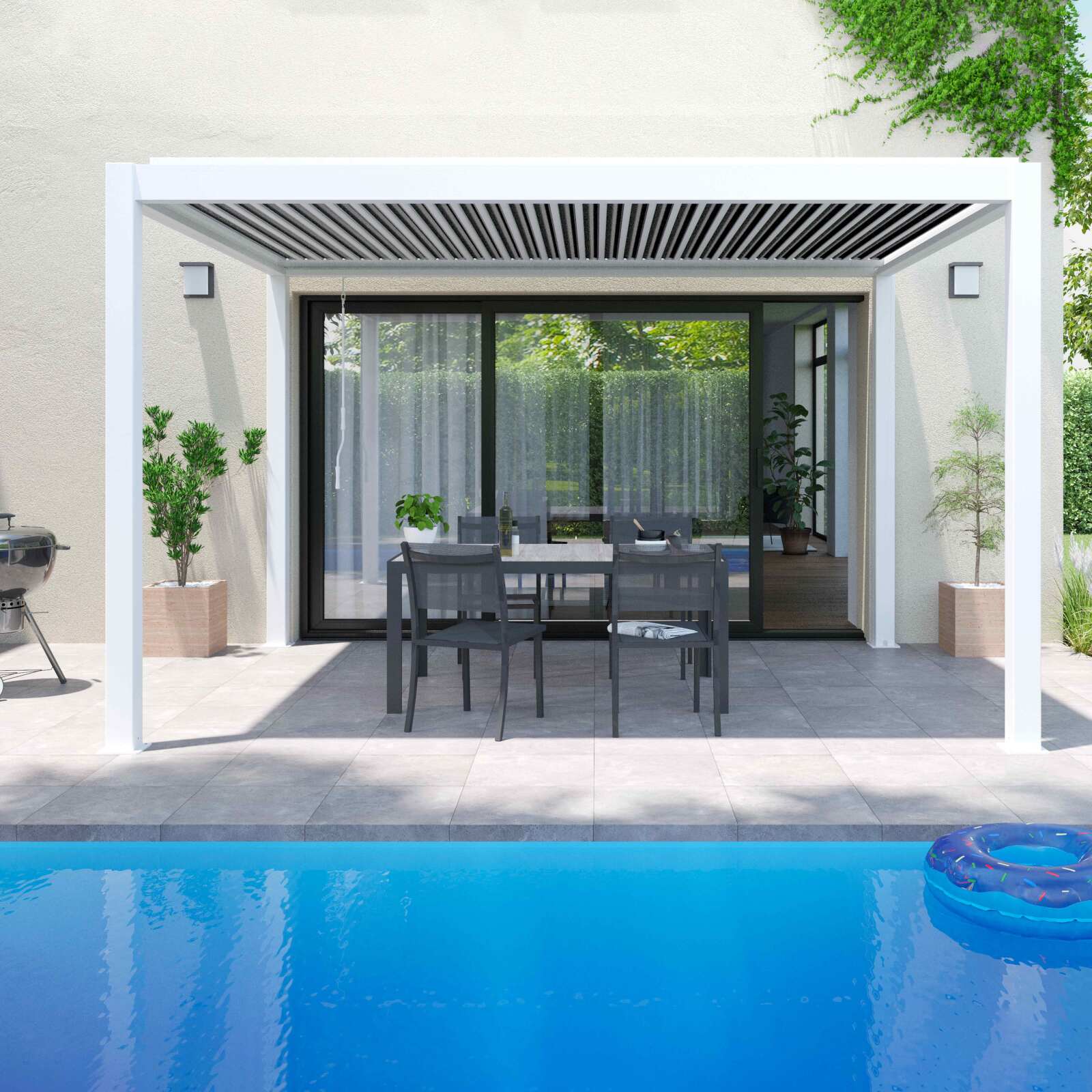 Pergola bioklimatisch freistehend 4x3m aus weißem Aluminium mit Jalousien Pergola bioklimatisch freistehend 4x3m aus weißem Aluminium mit Jalousien