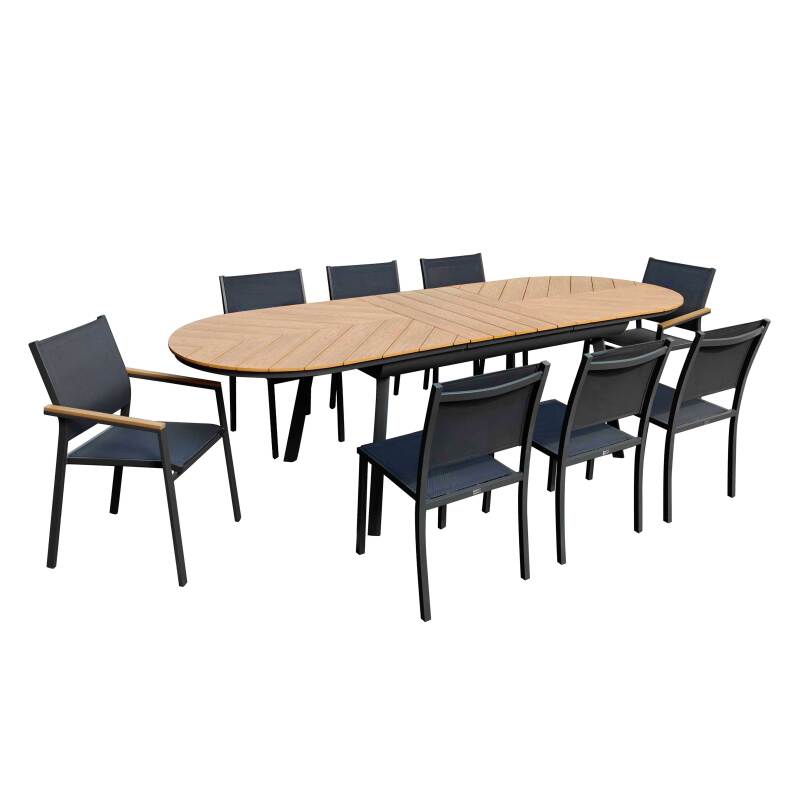Rechteckiger ausziehbarer Gartentisch aus Polywood 180/220 cm mit 6 Stühlen und 2 Stühlen mit Armlehnen