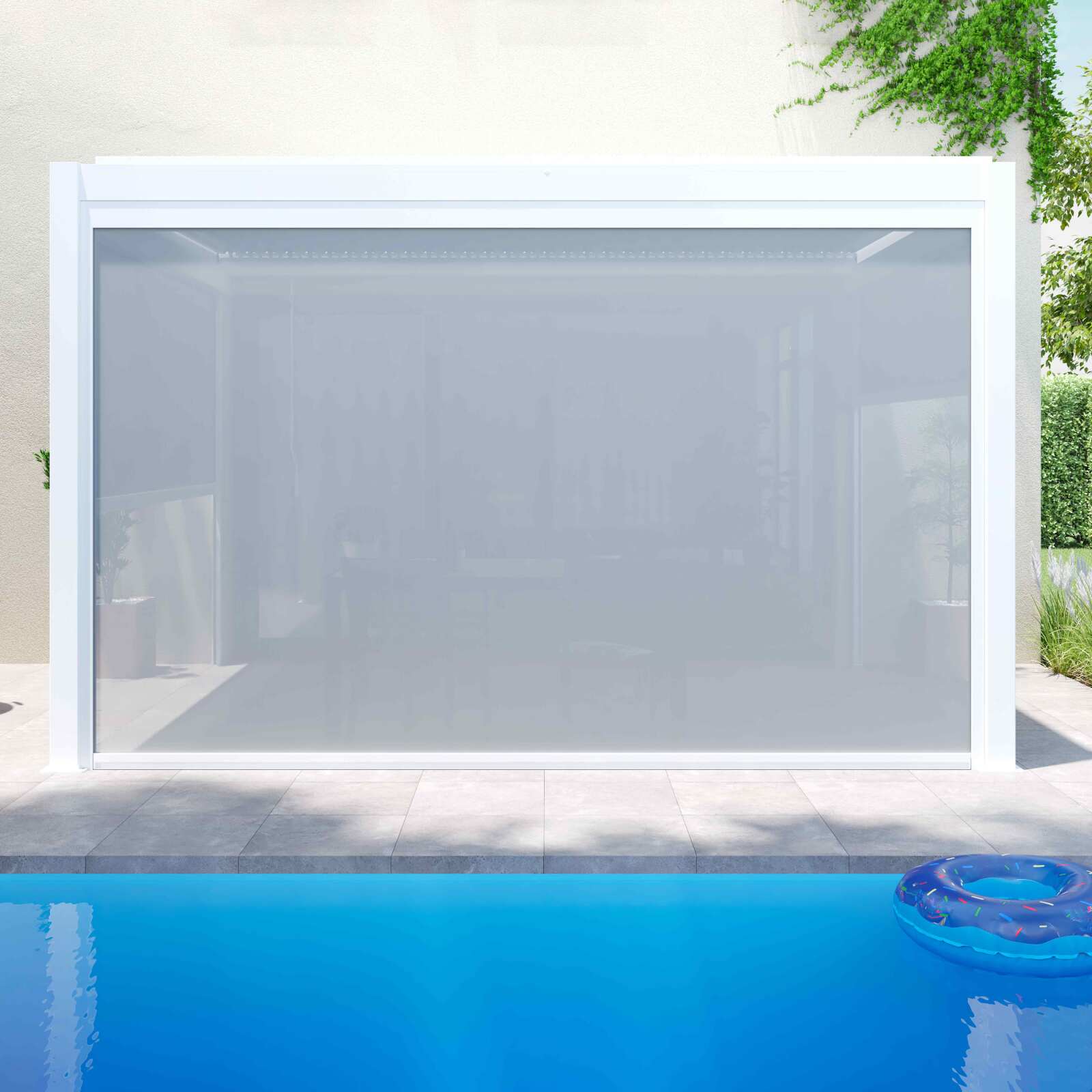 Pergola bioklimatisch Wand 4x3m aus weißem Aluminium mit 1, 2 oder 3 Jalousien