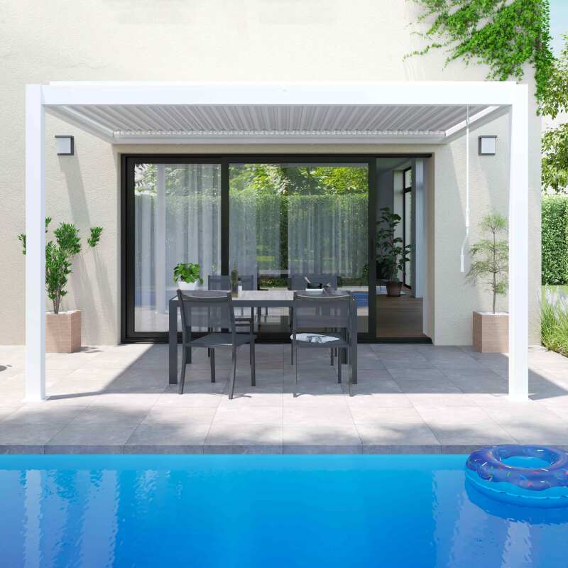 Pergola bioklimatisch Wand 4x3m aus weißem Aluminium mit 1, 2 oder 3 Jalousien