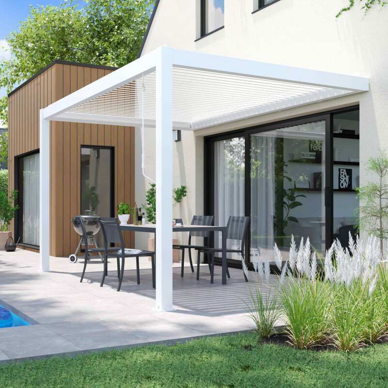Pergola bioklimatisch Wand 4x3m aus weißem Aluminium mit 1, 2 oder 3 Jalousien