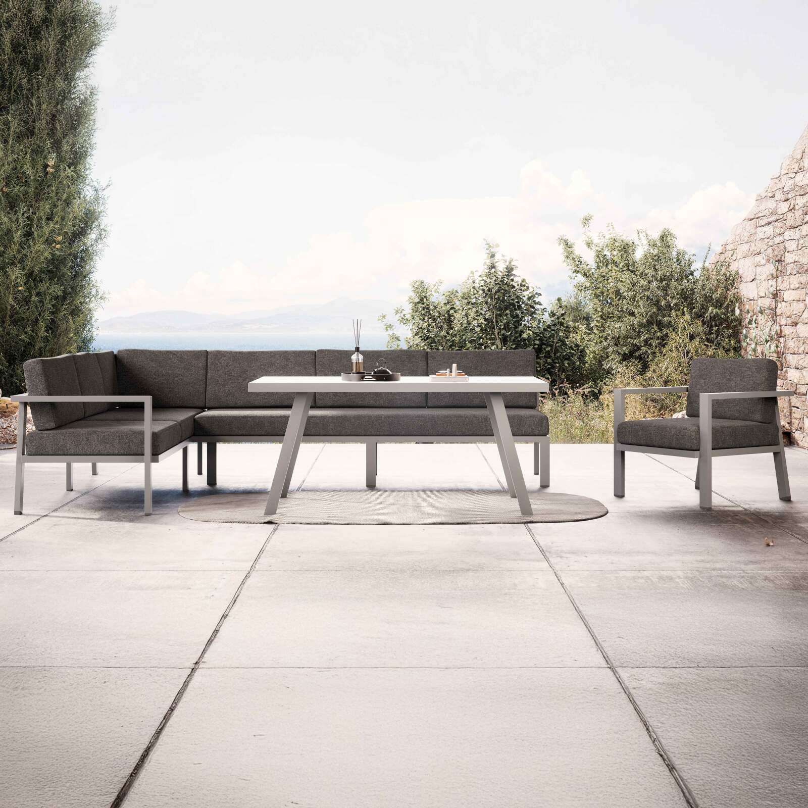 Gartenmöbel-Set aus Aluminium für 6 Personen + 1 Sessel + 1 Esstisch