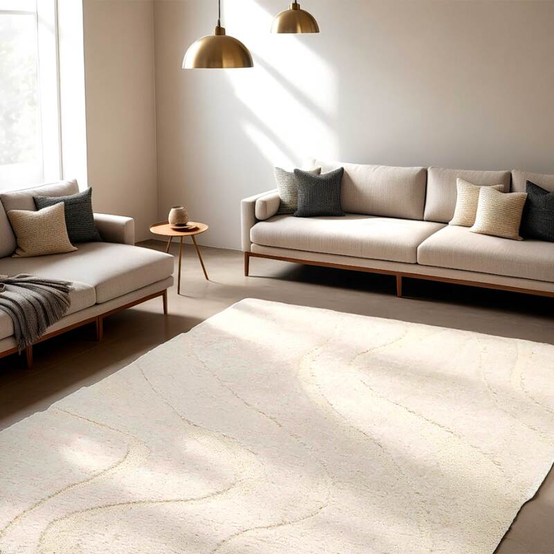 Rechteckiger Hochflorteppich aus recyceltem Polyester mit geometrischem Muster und langem Flor