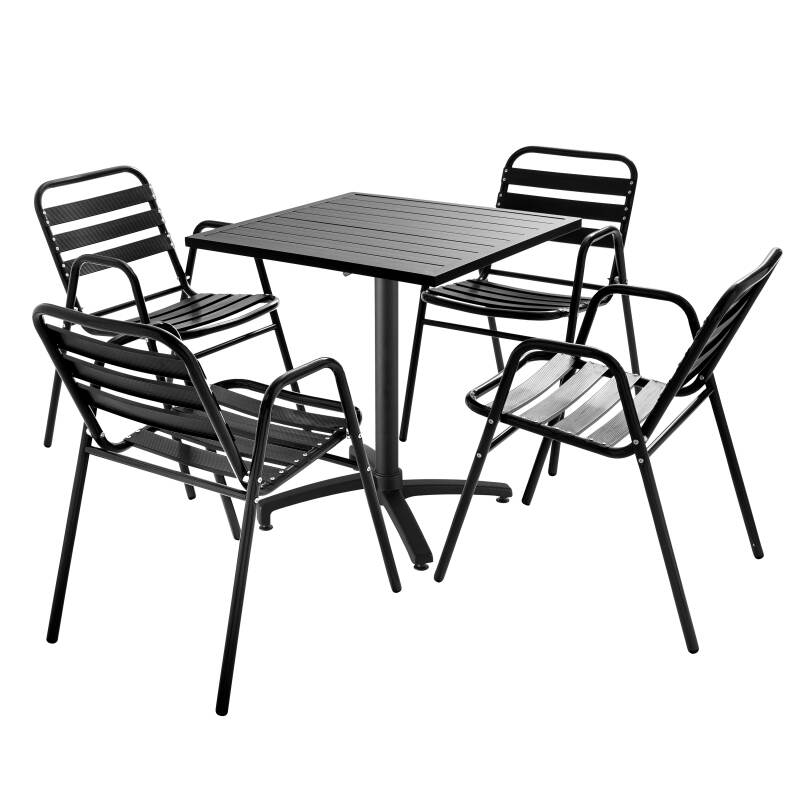 Grauer Bistrot-Gartentisch 70 x 70 cm und 4 Stühle mit Armlehnen aus Aluminium 