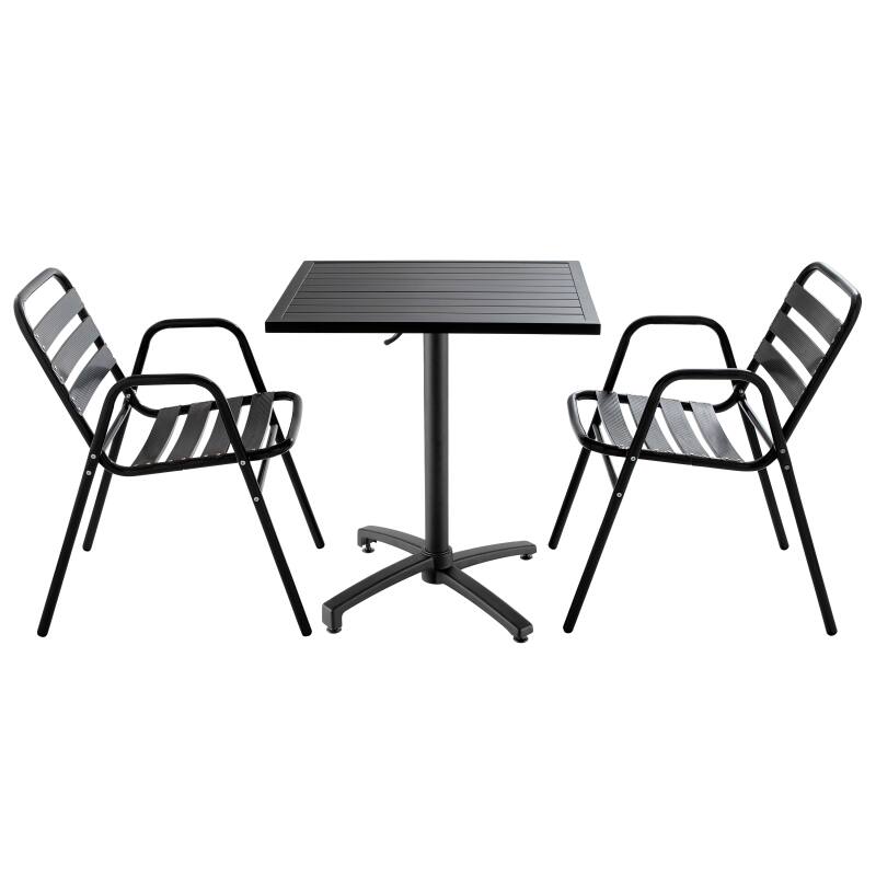Grauer Bistrot-Gartentisch und 2 Stühle mit Armlehnen aus Aluminium 
