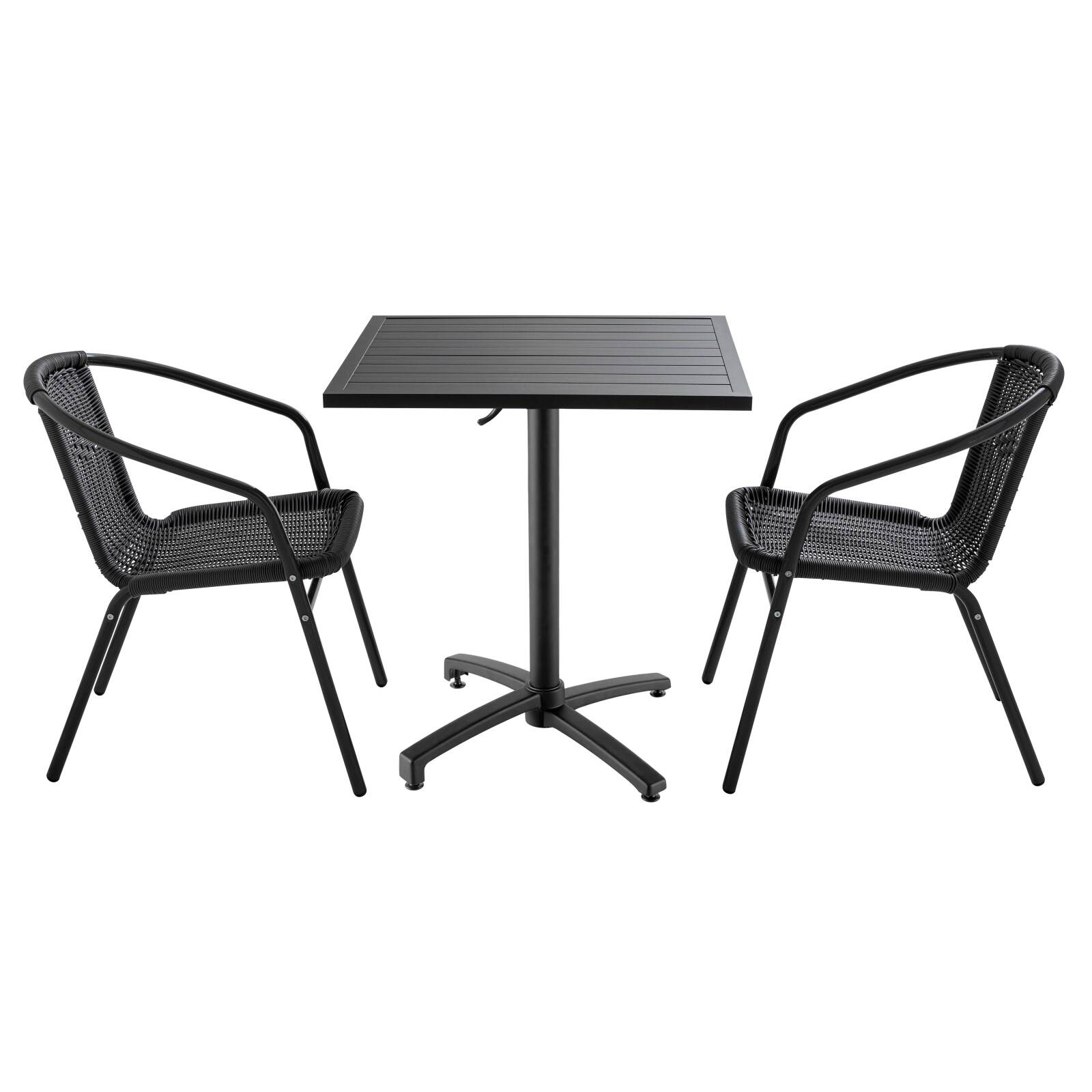 Quadratischer Gartentisch 70 x 70 cm und 2 Stühle mit Armlehnen aus Aluminium und geflochtenem Harz 