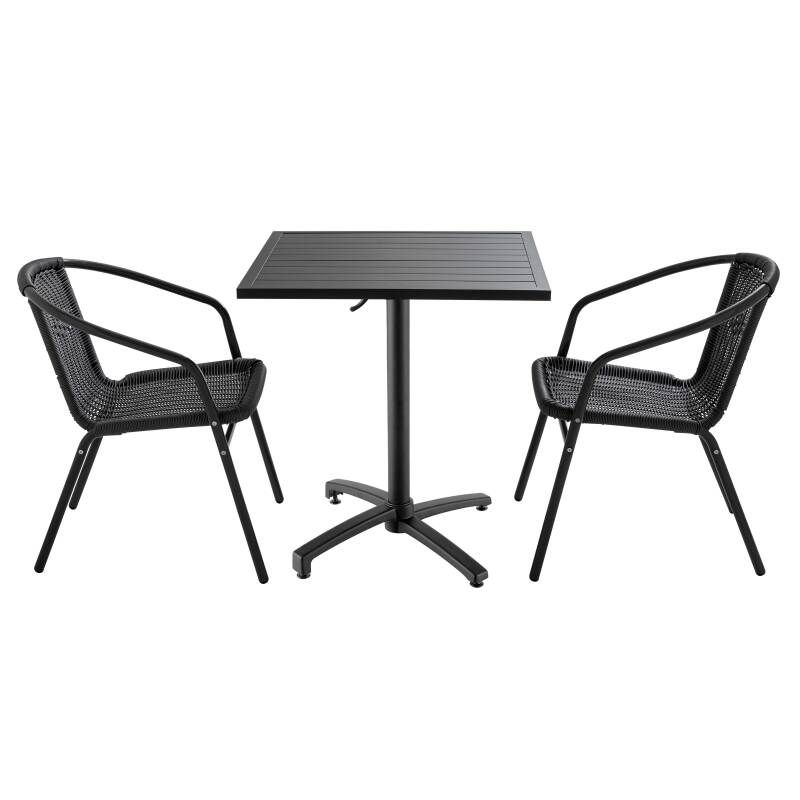 Quadratischer Gartentisch 70 x 70 cm und 2 Stühle mit Armlehnen aus Aluminium und geflochtenem Harz