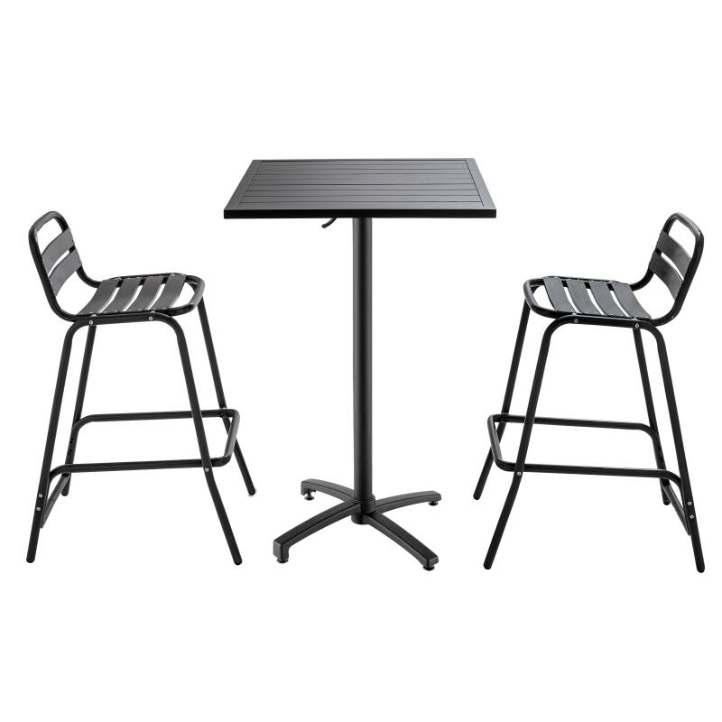 Hocher Garten Tisch 60 x 60 cm in Grau und 2 hohe Aluminiumstühle