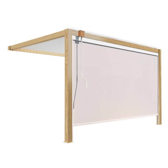 Angebaute bioklimatische Pergola 3 x 4 m in weißem Aluminium mit Holzdekor mit 1 Rollo | Oviala