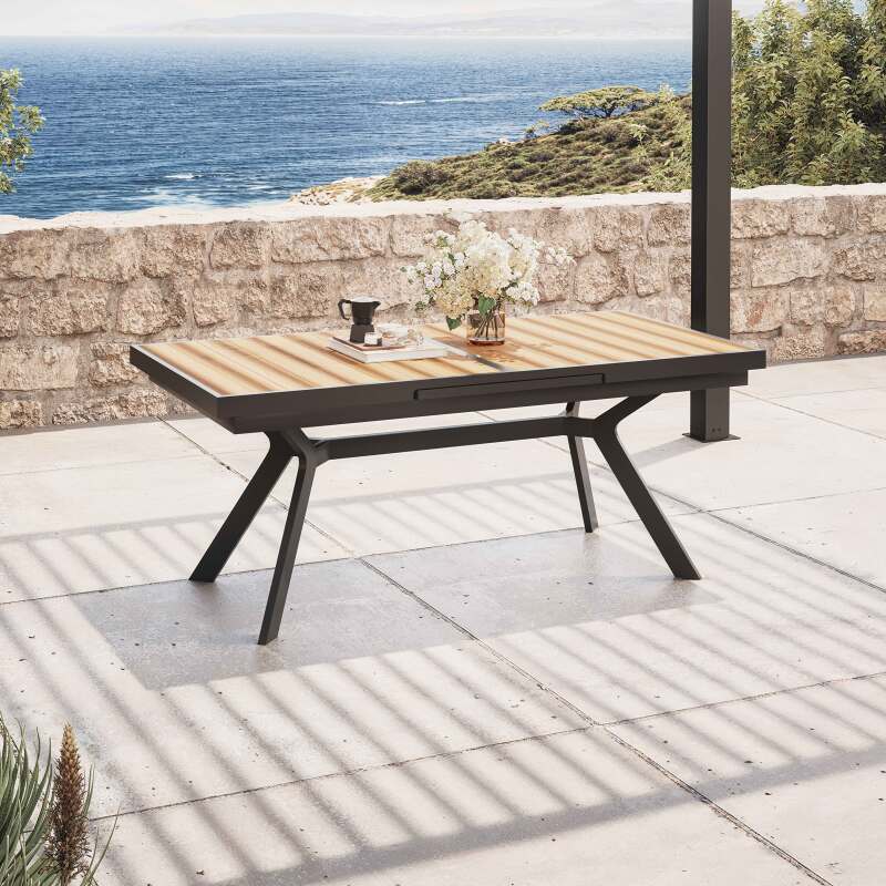 Rechteckiger ausziehbarer Gartentisch 187/250 cm aus Aluminium und 10 Stühle mit Armlehnen