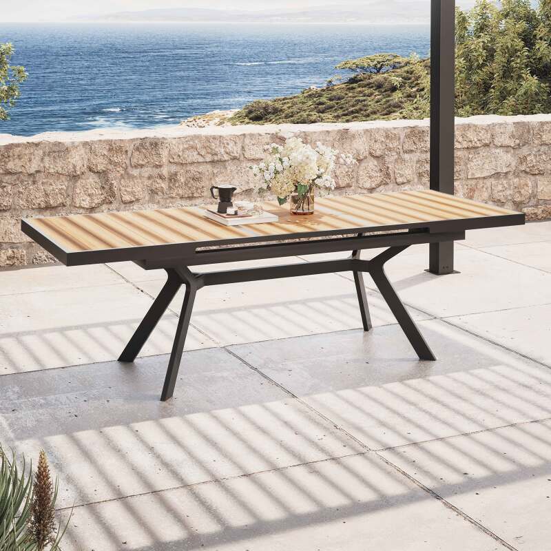 Rechteckiger ausziehbarer Gartentisch 187/250 cm aus Aluminium und 10 Stühle mit Armlehnen