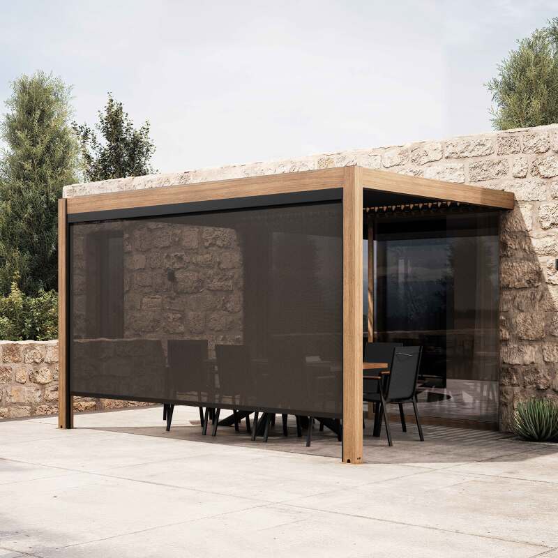 Bioklimatische Anbaupergola 4x3m aus Aluminium in Holzoptik mit 1, 2 oder 3 Jalousien