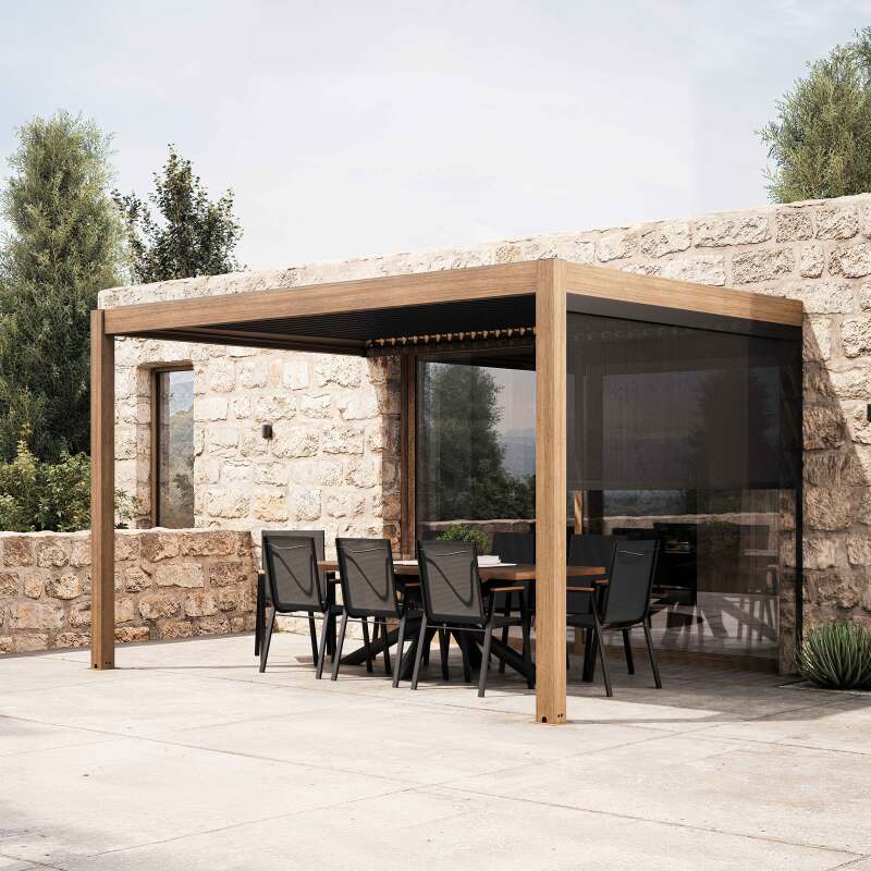Bioklimatische Anbaupergola 4x3m aus Aluminium in Holzoptik mit 1, 2 oder 3 Jalousien