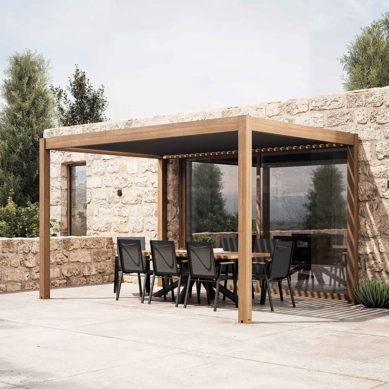 Selbsttragende bioklimatische Pergola, 4 x 3 m, motorisiert Dach aus grauem Aluminium in Holzoptik mit 1, 2 oder 3 Jalousien