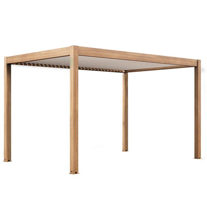 Selbsttragende bioklimatische Pergola, 4 x 3 m, motorisiertes Dach aus weißem Aluminium in Holzoptik mit LED-Beleuchtung