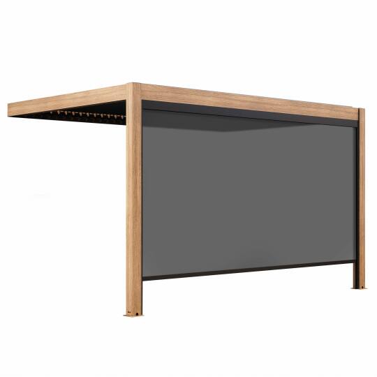 Bioklimatische Anbaupergola 4 x 3 m, motorisiert/beleuchtet, Aluminium in Holzoptik, mit 1, 2 oder 3 Jalousien | Oviala