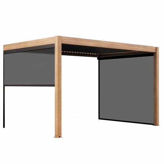 Bioklimatische Anbaupergola 4 x 3 m, motorisiert/beleuchtet, Aluminium in Holzoptik, mit 1, 2 oder 3 Jalousien | Oviala