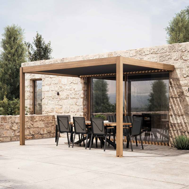Bioklimatische Anbaupergola 4 x 3 m, motorisiert/beleuchtet, Aluminium in Holzoptik, mit 1, 2 oder 3 Jalousien