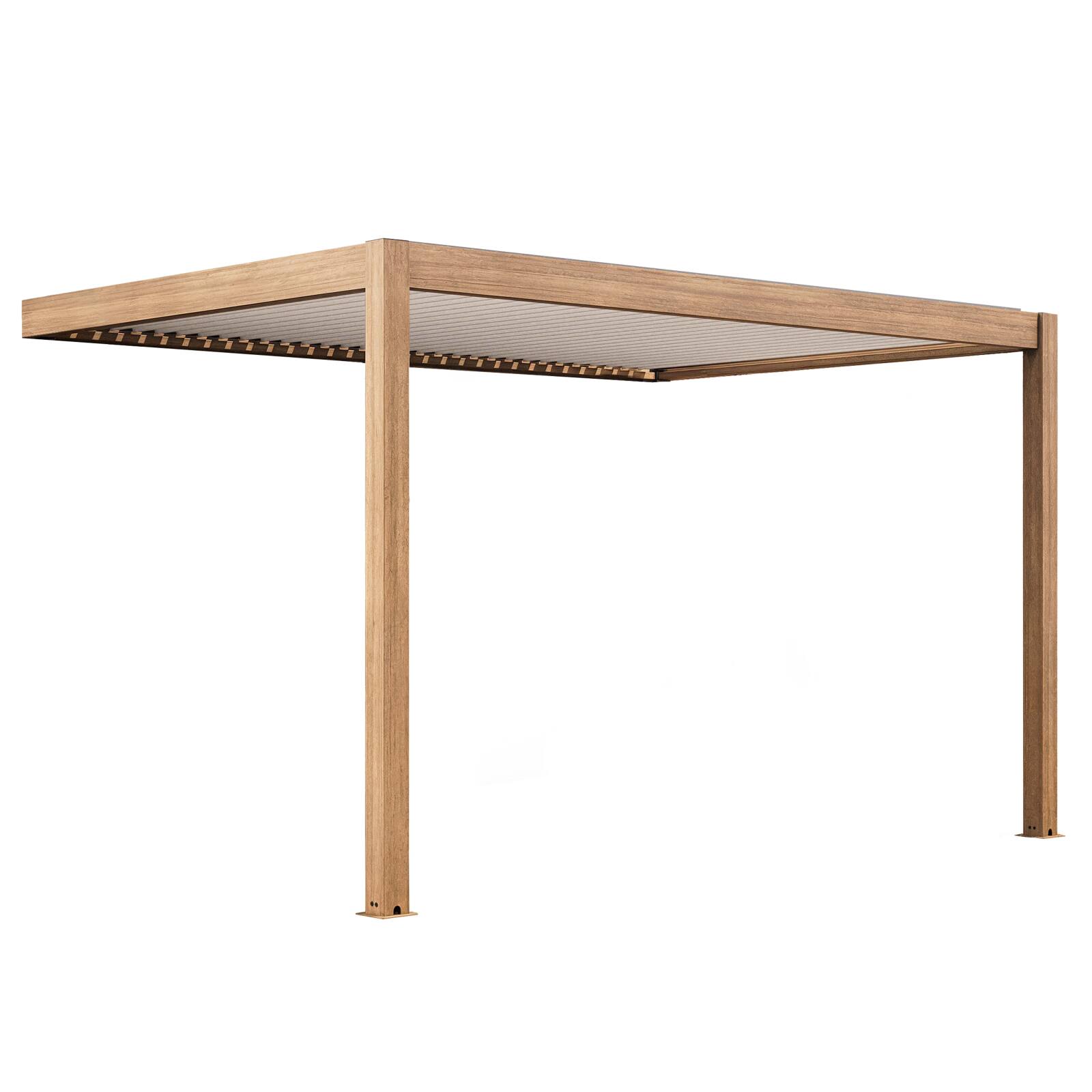 Bioklimatische Pergola, 4 x 3 m, motorisiertes, wandmontiertes Aluminium-Holzeffekt-Weißdach mit LED-Beleuchtung