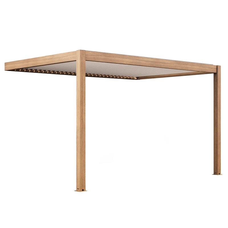 Bioklimatische Pergola, 4 x 3 m, motorisiertes, wandmontiertes Aluminium-Holzeffekt-Weißdach mit LED-Beleuchtung