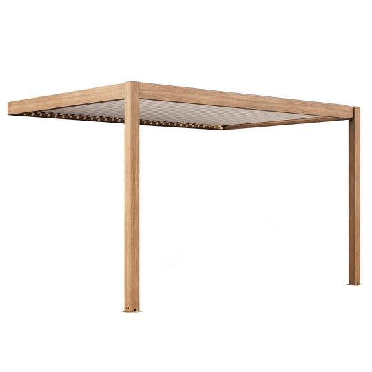 Bioklimatische Pergola, 4 x 3 m, motorisiertes, wandmontiertes Aluminium-Holzeffekt-Weißdach mit LED-Beleuchtung | Oviala