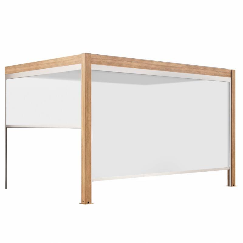 Angebaute bioklimatische Pergola, 4 x 3 m, motorisiert, Dach aus weißem Aluminium in Holzoptik mit 1, 2 oder 3 Jalousien