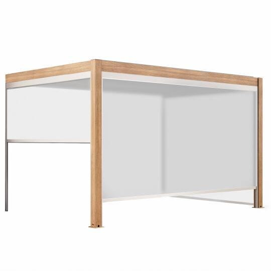 Angebaute bioklimatische Pergola, 4 x 3 m, motorisiert, Dach aus weißem Aluminium in Holzoptik mit 1, 2 oder 3 Jalousien