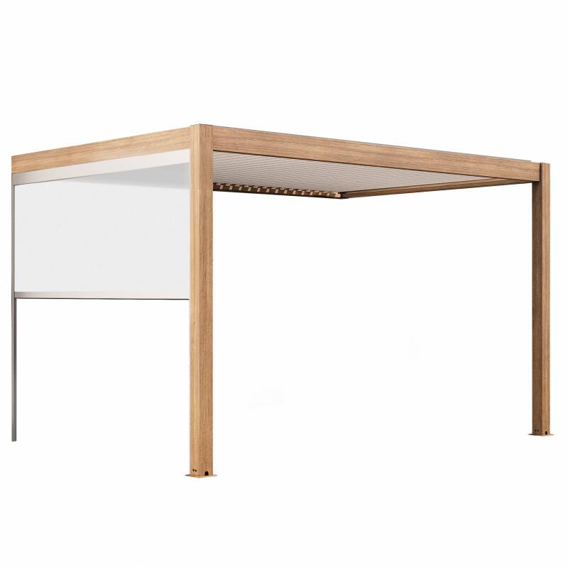 Angebaute bioklimatische Pergola, 4 x 3 m, motorisiert, Dach aus weißem Aluminium in Holzoptik mit 1, 2 oder 3 Jalousien