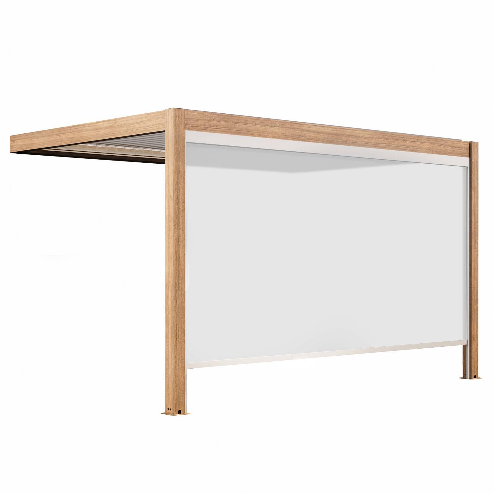 Angebaute bioklimatische Pergola, 4 x 3 m, motorisiert, Dach aus weißem Aluminium in Holzoptik mit 1, 2 oder 3 Jalousien