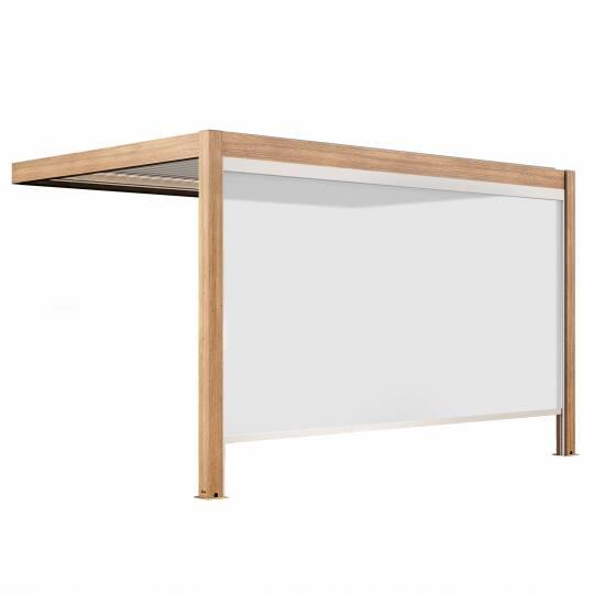 Angebaute bioklimatische Pergola, 4 x 3 m, motorisiert, Dach aus weißem Aluminium in Holzoptik mit 1, 2 oder 3 Jalousien | Ovial