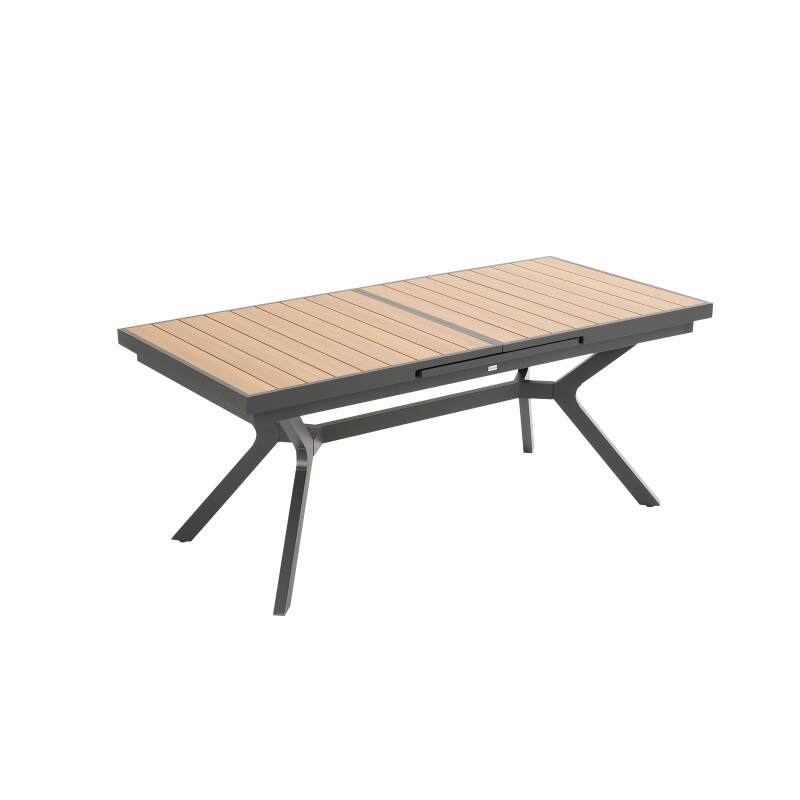 Rechteckiger ausziehbarer Gartentisch (187/250 x 90 x 77 cm) in Aluminium- und Holzoptik