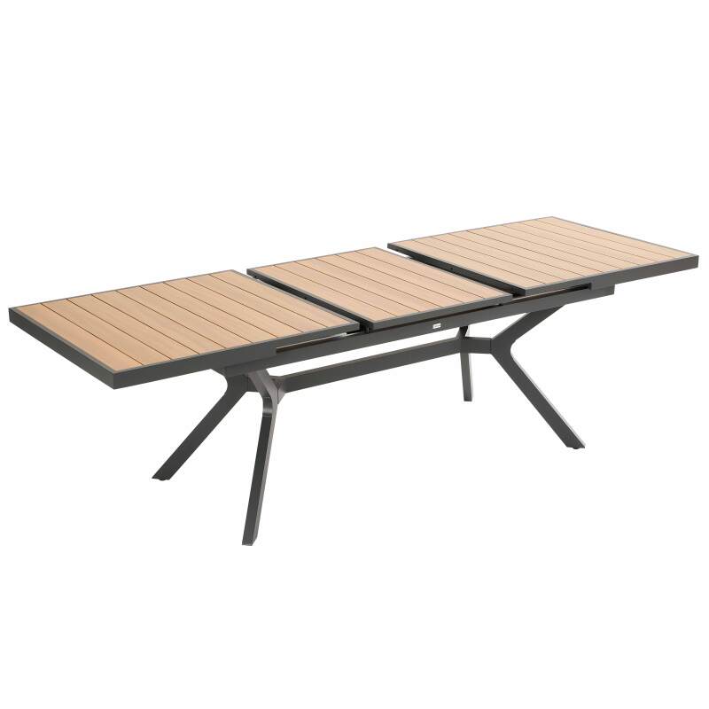 Rechteckiger ausziehbarer Gartentisch (187/250 x 90 x 77 cm) in Aluminium- und Holzoptik