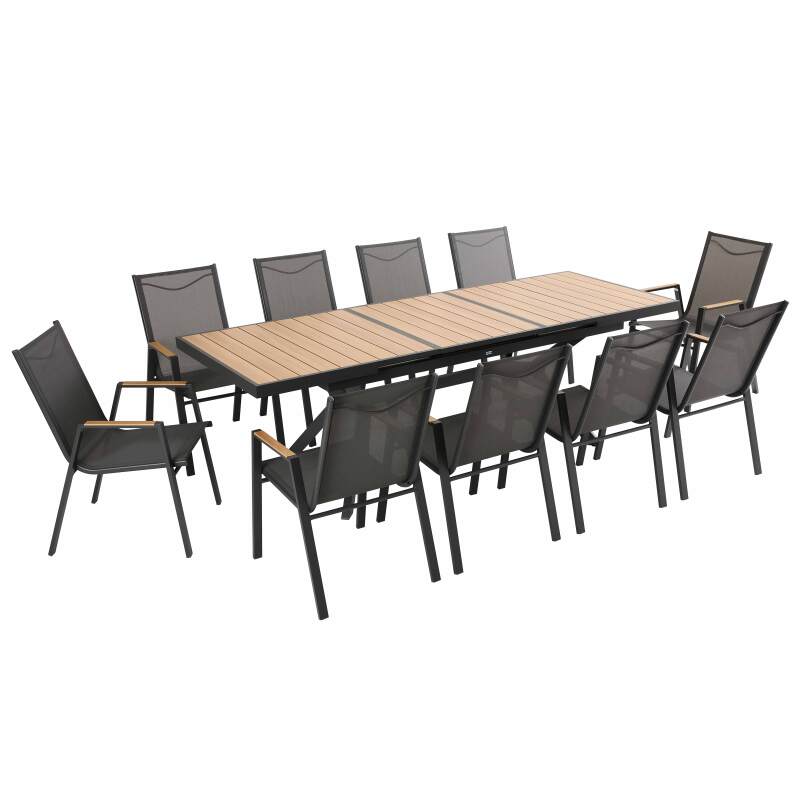 Rechteckiger ausziehbarer Gartentisch 187/250 cm aus Aluminium und 10 Stühle mit Armlehnen