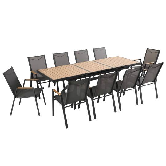 Rechteckiger ausziehbarer Gartentisch 187/250 cm aus Aluminium und 10 Stühle mit Armlehnen