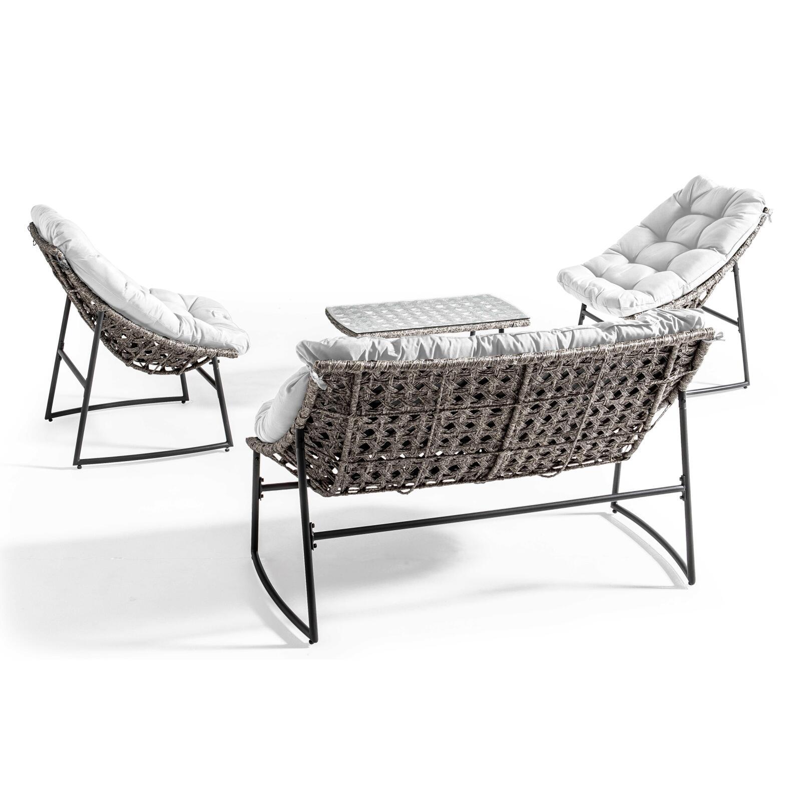 Gartenlounge-Set aus Kunstharz für 4 Personen mit einem Sofa, 2 Sesseln und einem Couchtisch Gartenlounge-Set aus Kunstharz für 4 Personen mit einem Sofa, 2 Sesseln und einem Couchtisch
