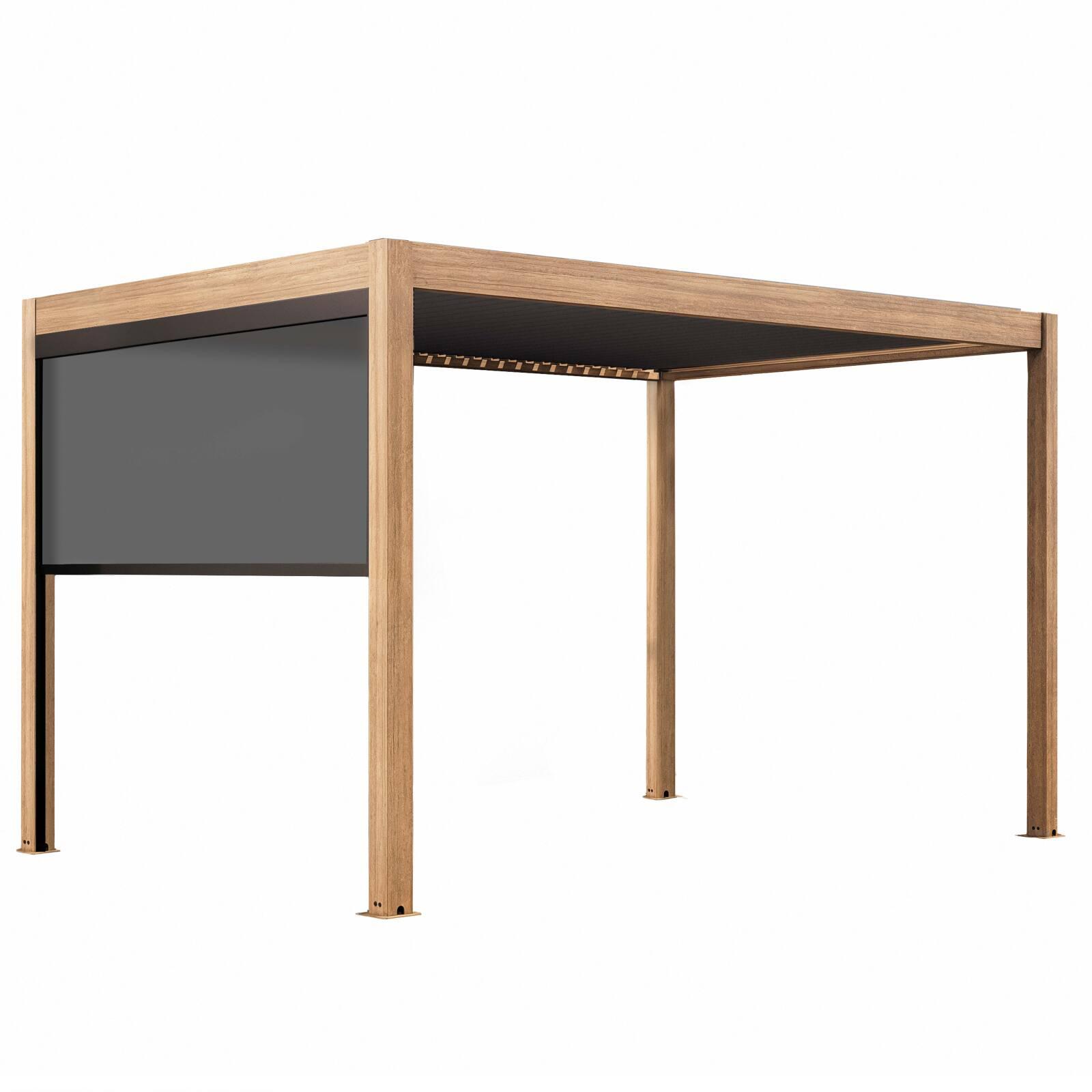 Selbsttragende bioklimatische Pergola, 4 x 3 m, motorisiert Dach aus grauem Aluminium in Holzoptik mit 1, 2 oder 3 Jalousien