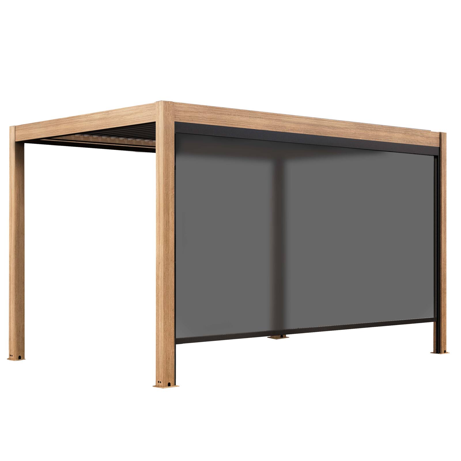 Selbsttragende bioklimatische Pergola, 4 x 3 m, motorisiert Dach aus grauem Aluminium in Holzoptik mit 1, 2 oder 3 Jalousien