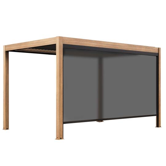 Selbsttragende bioklimatische Pergola, 4 x 3 m, motorisiert Dach aus grauem Aluminium in Holzoptik mit 1, 2 oder 3 Jalousien