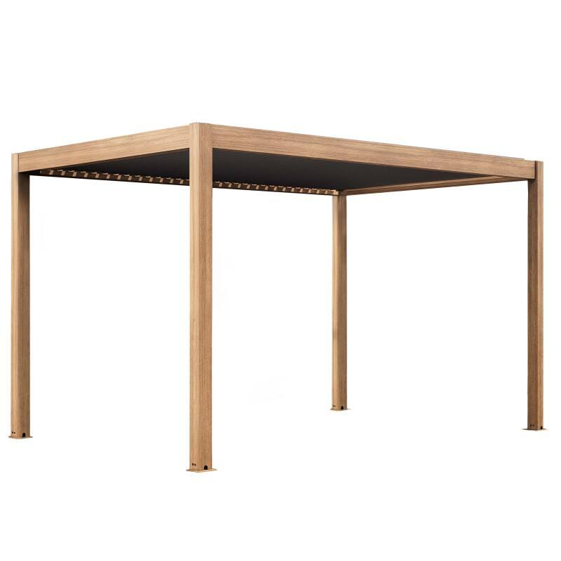 Selbsttragende bioklimatische Pergola, 4 x 3 m, motorisiert Dach aus grauem Aluminium in Holzoptik mit 1, 2 oder 3 Jalousien