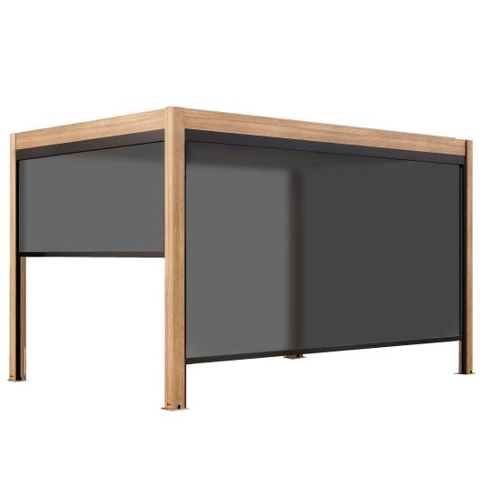 Selbsttragende bioklimatische Pergola, 4 x 3 m, motorisiert Dach aus grauem Aluminium in Holzoptik mit 1, 2 oder 3 Jalousien