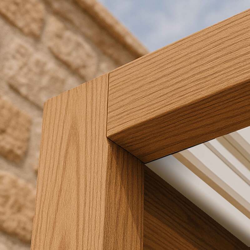 Selbsttragende bioklimatische Pergola, 4 x 3 m, motorisiertes Dach aus weißem Aluminium in Holzoptik mit LED-Beleuchtung