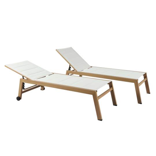 Set mit 2 Sonnenliegen aus Aluminium in Holzoptik mit Rädern und 5-fach verstellbarer Liegefläche