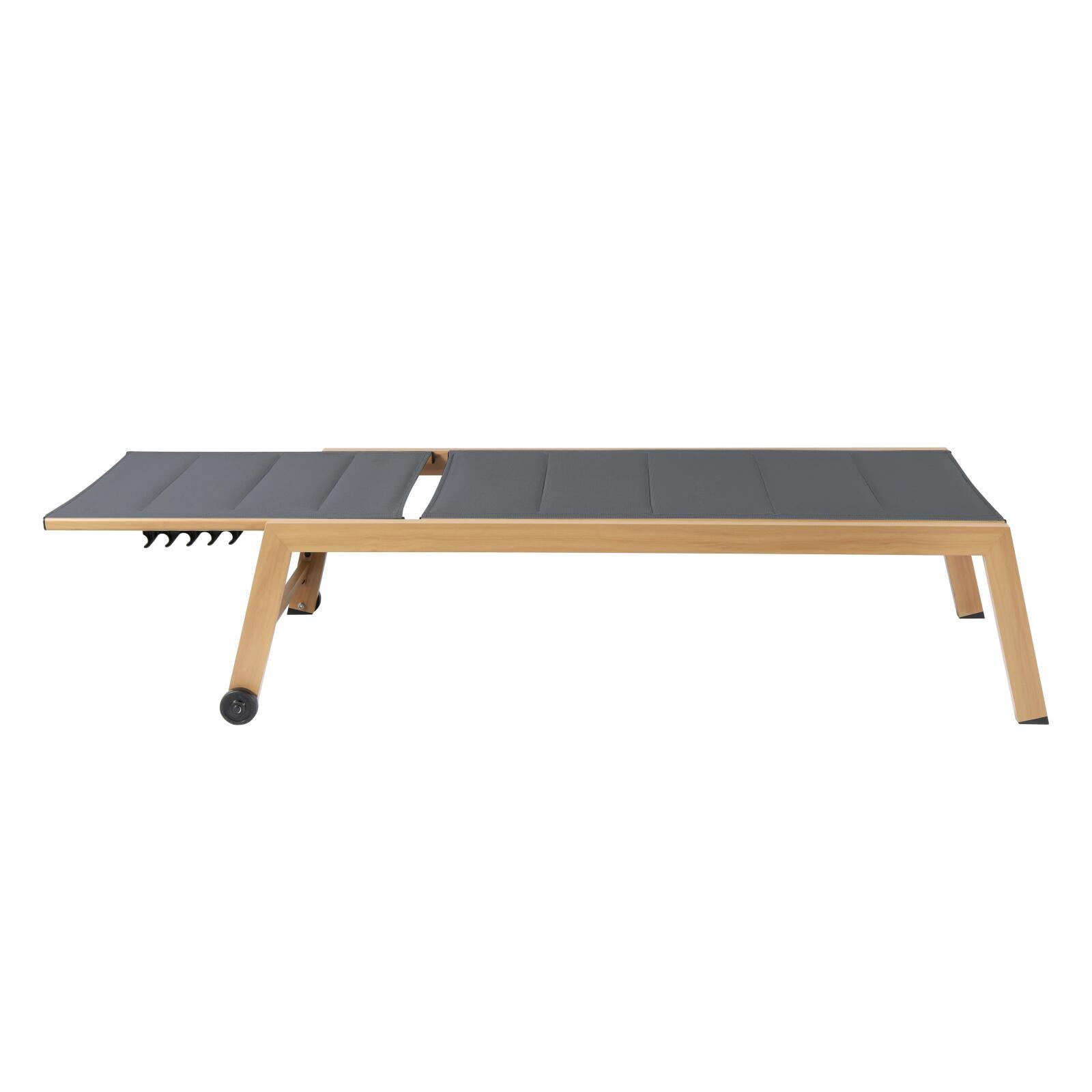 Set mit 2 Sonnenliegen aus Aluminium in Holzoptik mit Rädern und 5-fach verstellbarer Liegefläche