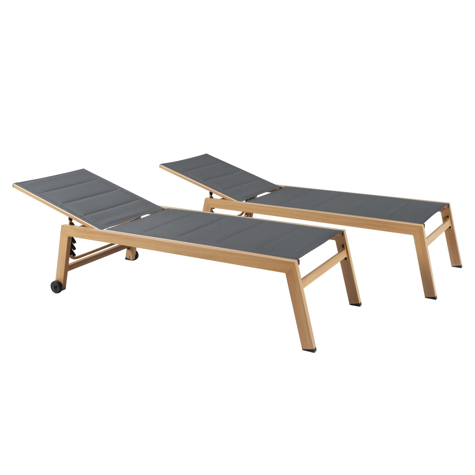 Set mit 2 Sonnenliegen aus Aluminium in Holzoptik mit Rädern und 5-fach verstellbarer Liegefläche