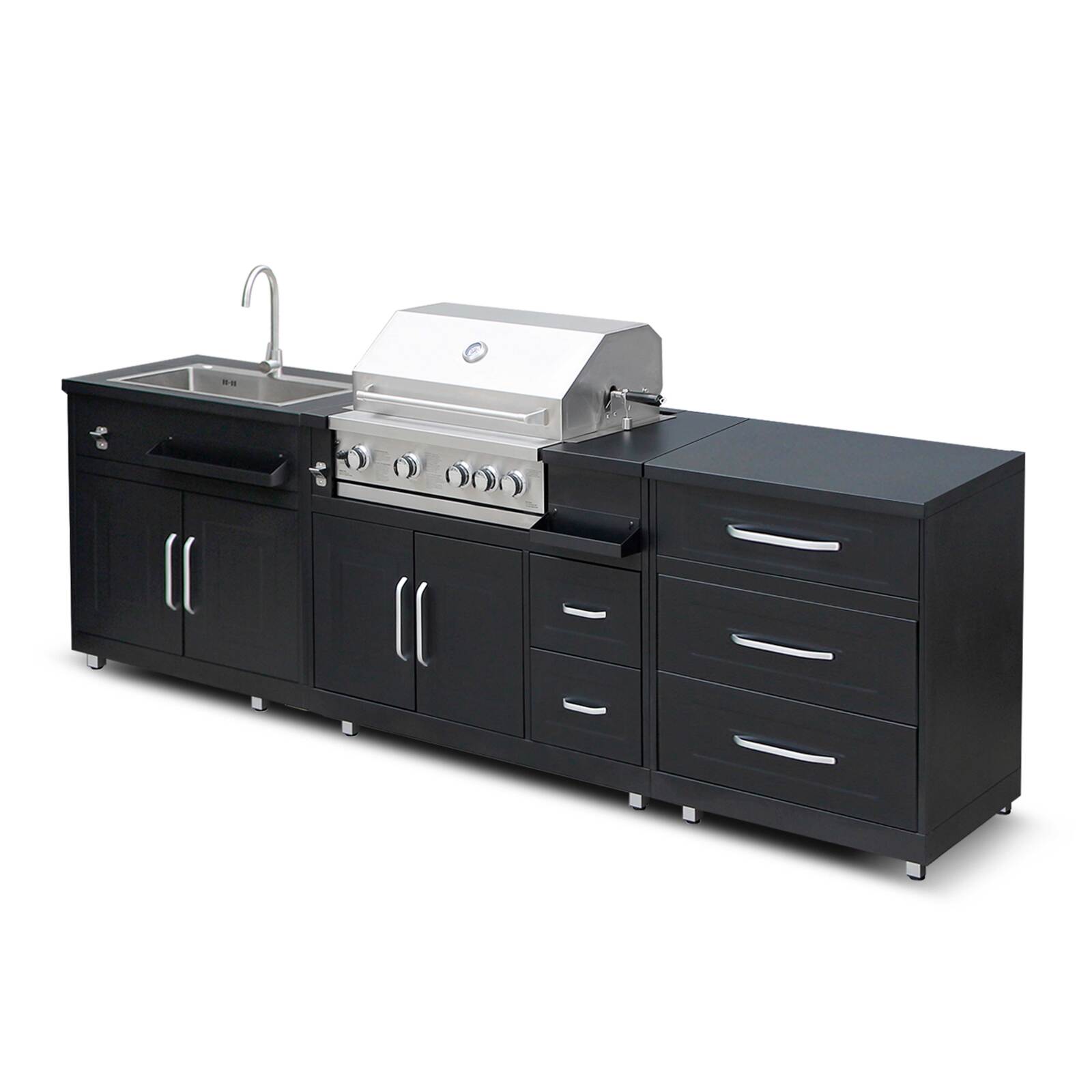 3-Element-Außenküche aus Stahl mit Grill