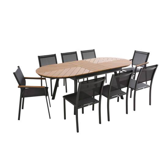 Rechteckiger ausziehbarer Gartentisch aus Polywood 180/220 cm mit 6 Stühlen und 2 Stühlen mit Armlehnen