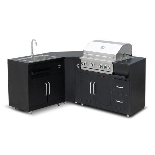 Outdoor-Küche aus Metall in Eckform mit Outdoor-Spüle, Grill und Stauraum – 3 Module | Oviala